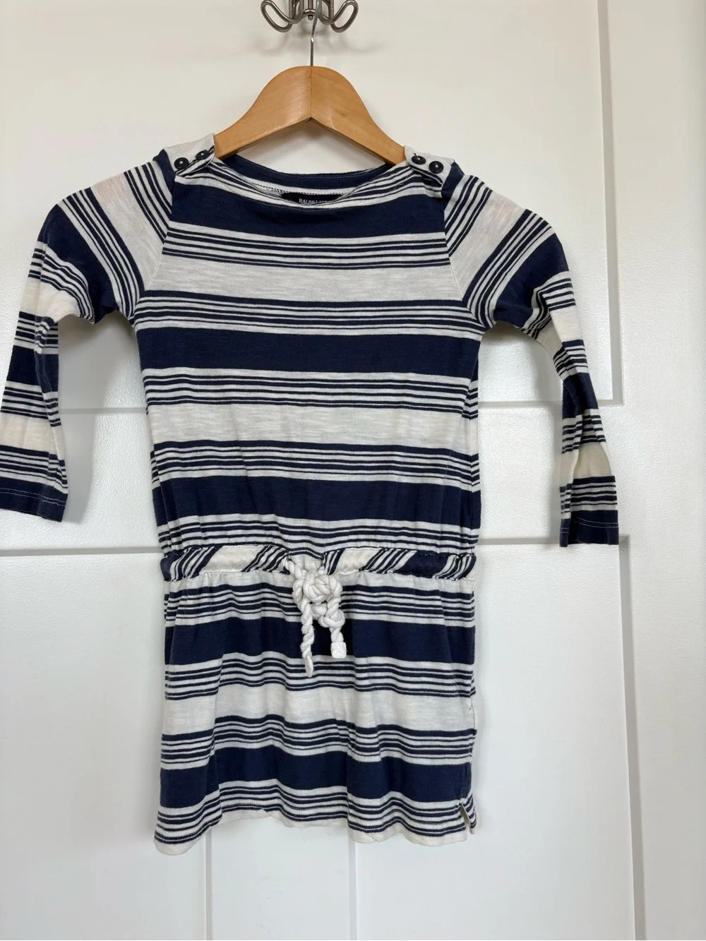 Ralph Lauren Girls Navy and White Long Sleeve Striped Dress with Waist Tie S: 5